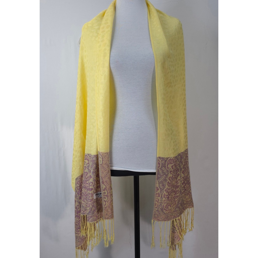 100% Pashmina Scarf Yellow Purple Paisley Fringe Wrap Shawl Boho 27x73